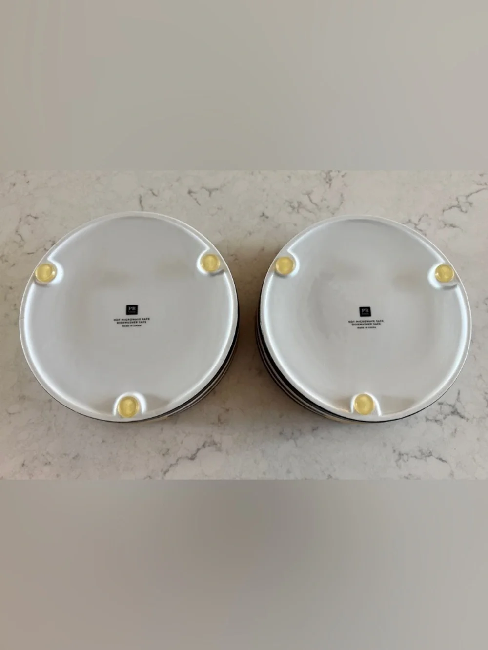 Pottery Barn Striped Ceramic Pet Bowls - Black, White & Gold Accent - like NEW!